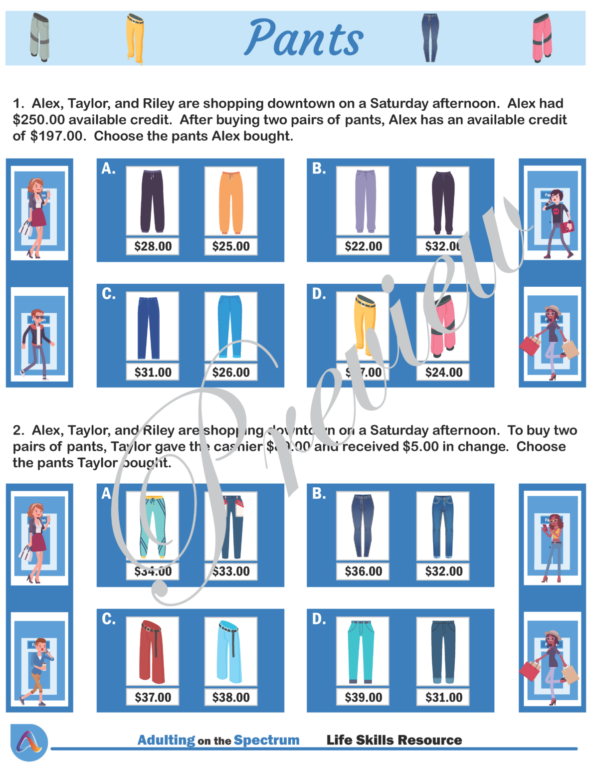 Level 1 Clothes Shopping Money Math NoPrep SPED Independent Living