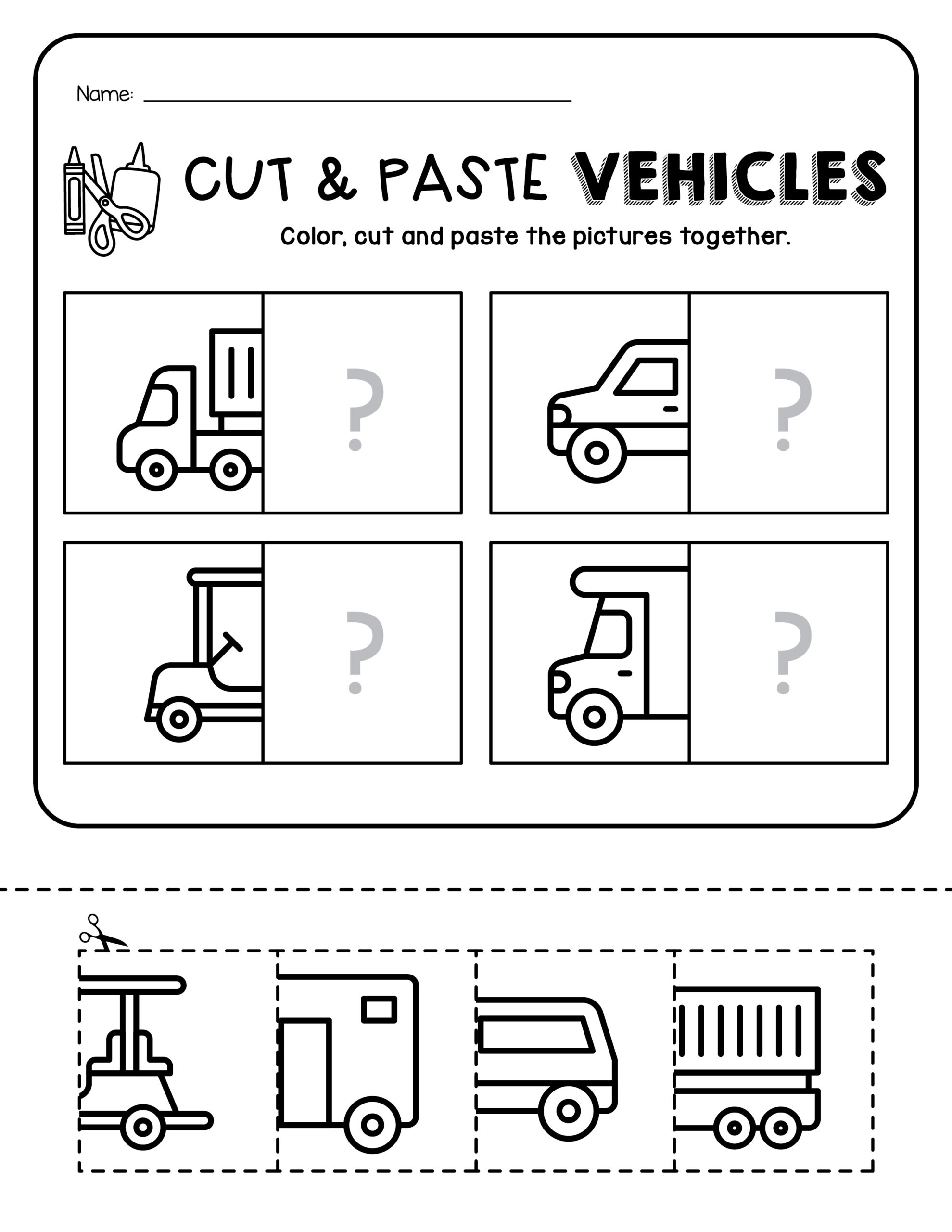 Creative Cut and Paste Worksheets To Learn About Vehicles Made By