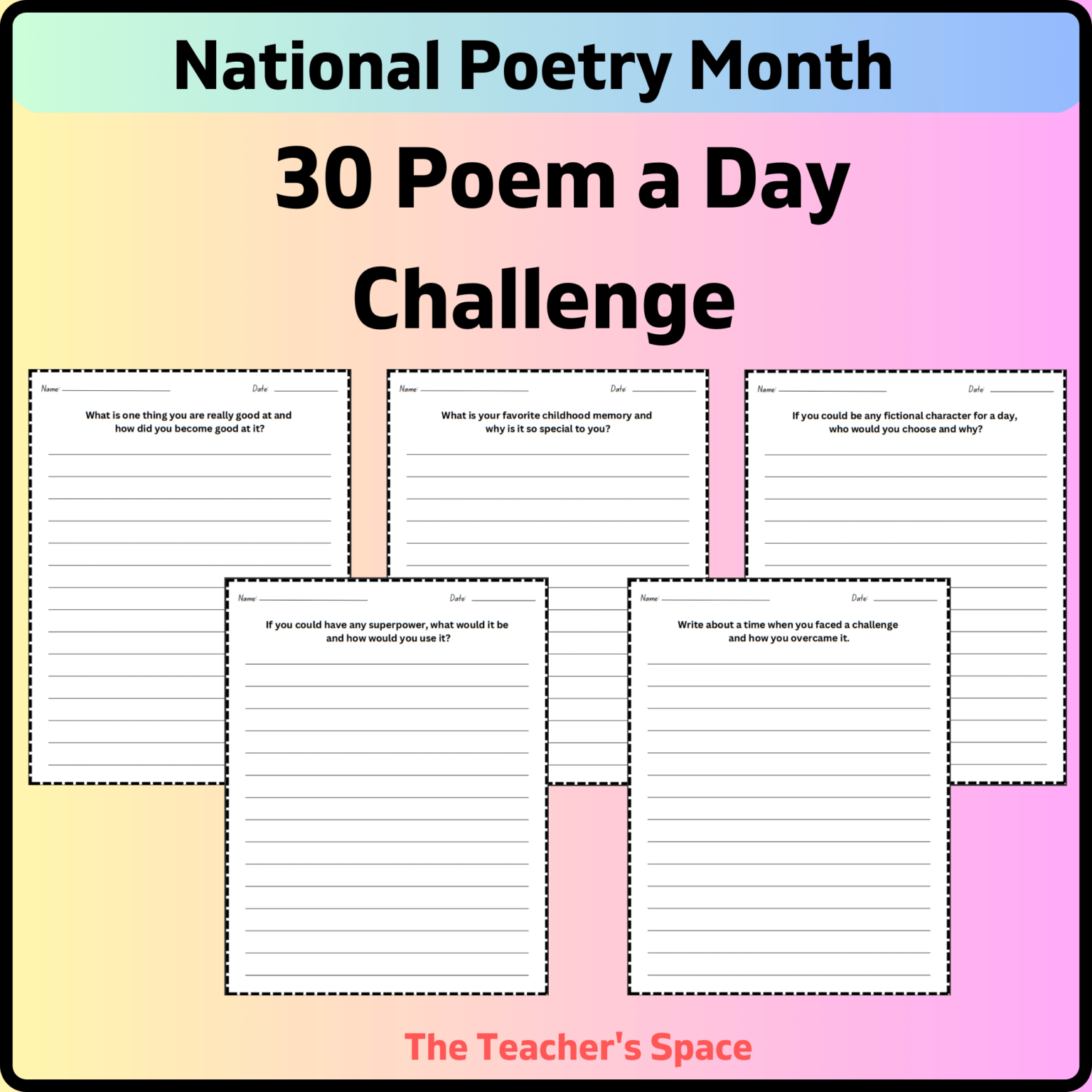 National Poetry Month Worksheets , 30 Poem a Day Challenge Templates
