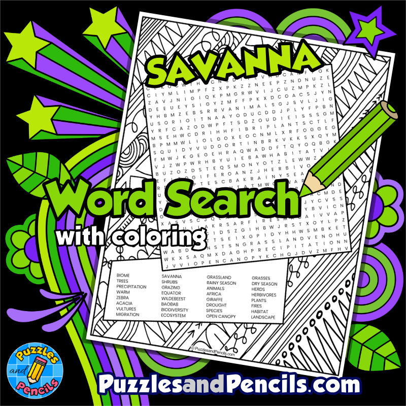 Savanna Word Search Puzzle with Coloring | Biome Wordsearch