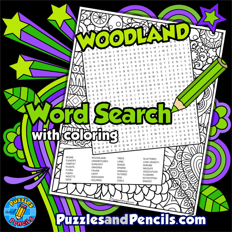 Woodland Word Search Puzzle with Coloring | Biome Wordsearch