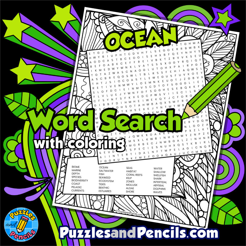 Ocean Word Search Puzzle with Coloring | Biome Wordsearch