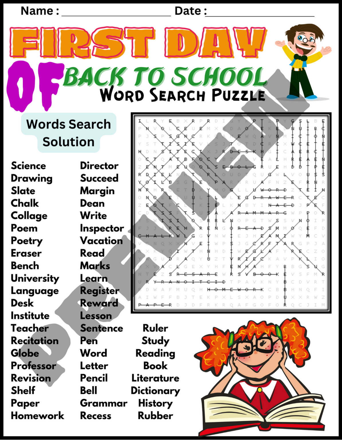 FIRST DAY OF BACK TO SCHOOL Word Search Puzzle Worksheet Activity
