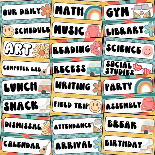 Daily classroom schedule agenda cards groovy retro vibes theme editable