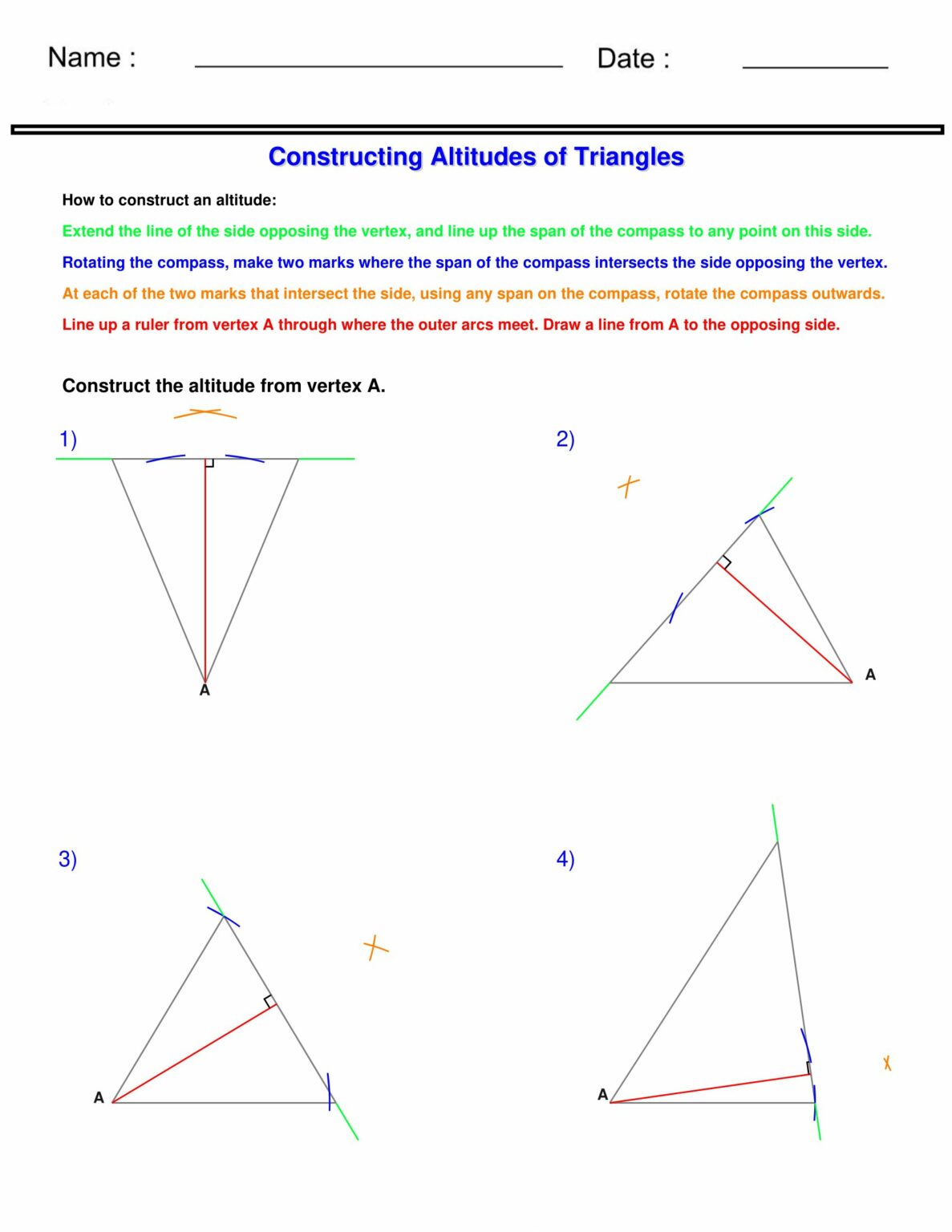 Constructing Altitudes of Triangles worksheet Construct the altitude