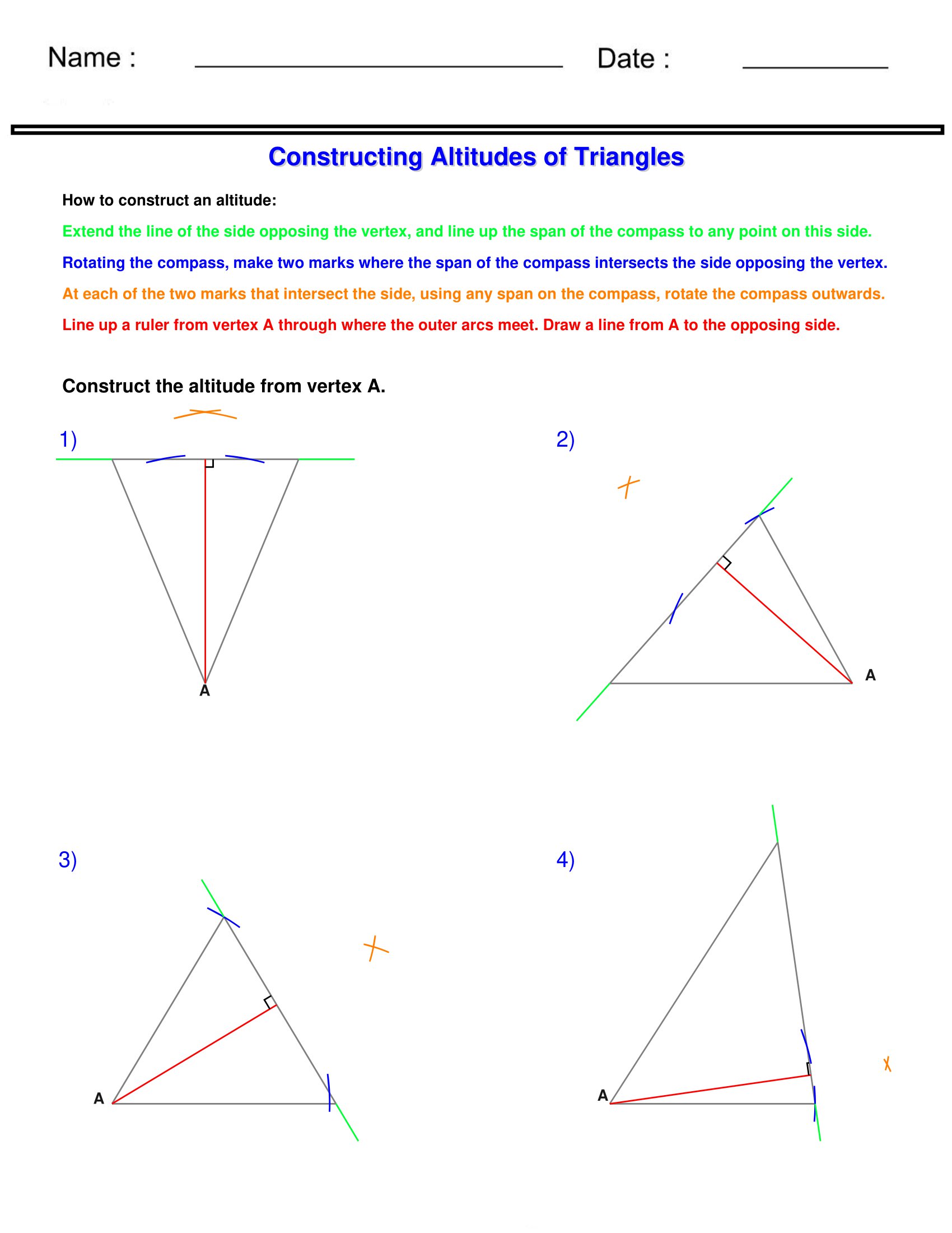 Constructing Altitudes of Triangles worksheet - Construct the altitude ...