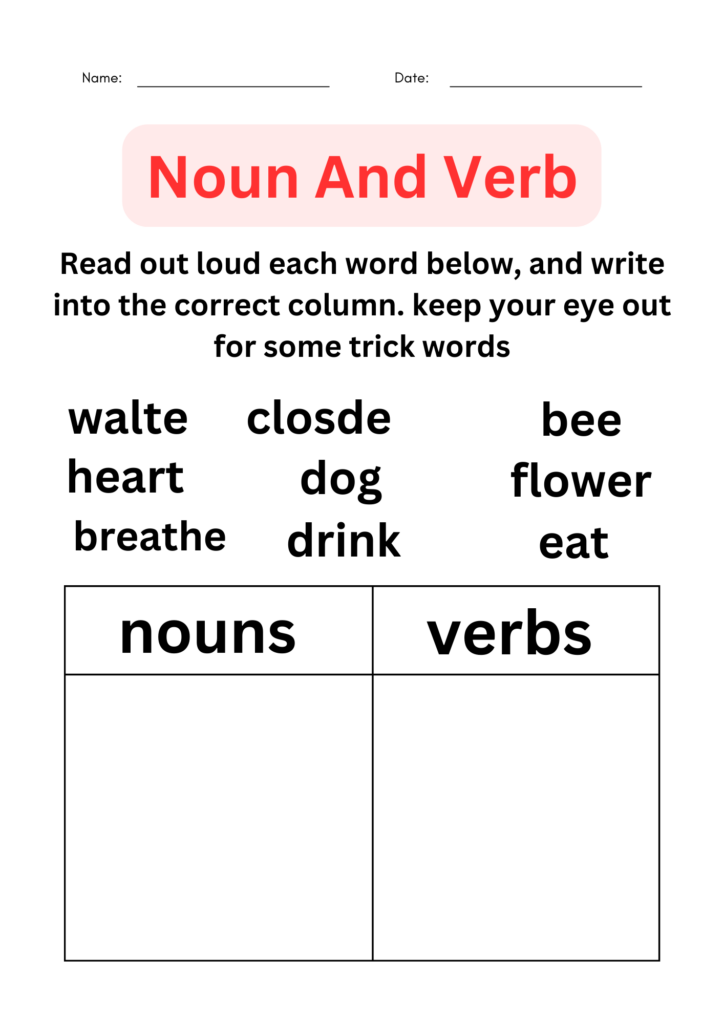 noun and verb worksheets for kindergarten | Made By Teachers