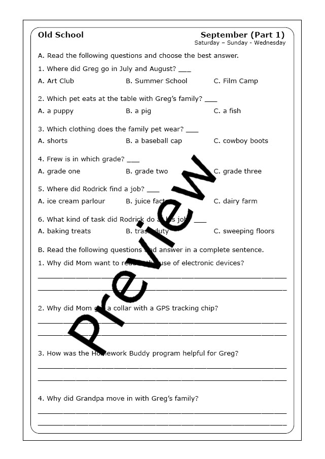Jeff Kinney "Old School" worksheets Made By Teachers