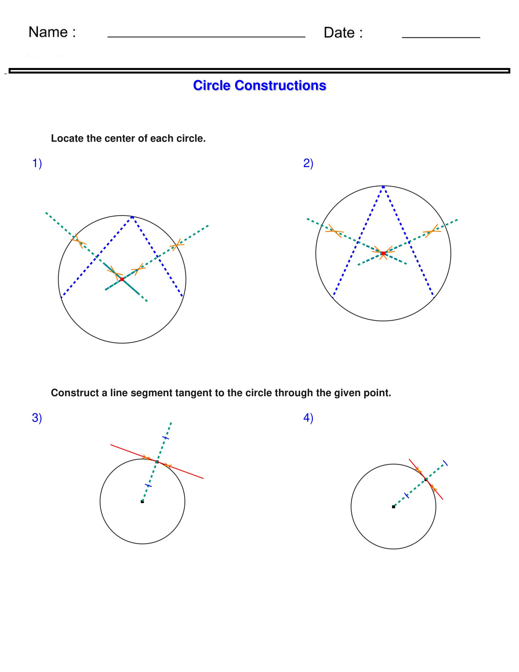 Construct a line segment tangent Circle Constructions Worksheets