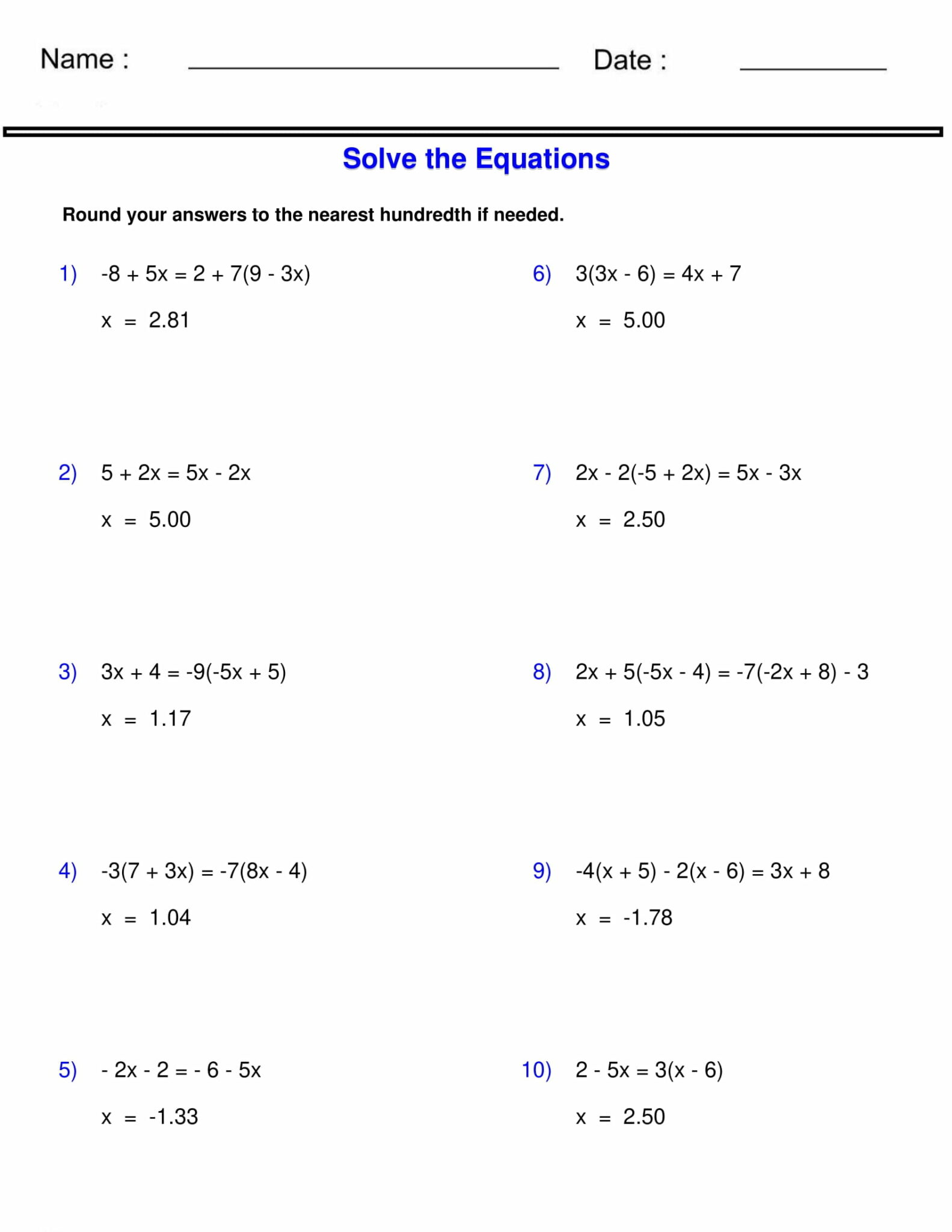 solving equations with variables on both sides Worksheet | Made By Teachers