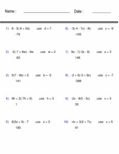 Evaluating Algebraic Expressions Worksheet - one variable - Pre-Algebra ...