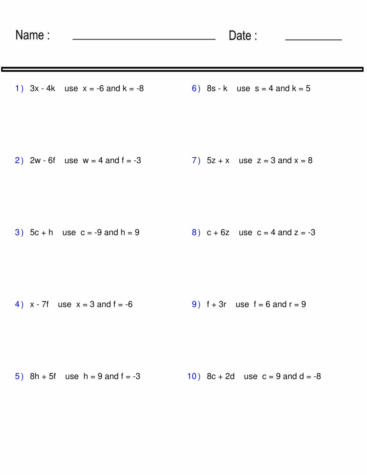 Evaluate Algebraic Expressions - Two variables - Digital and Print ...