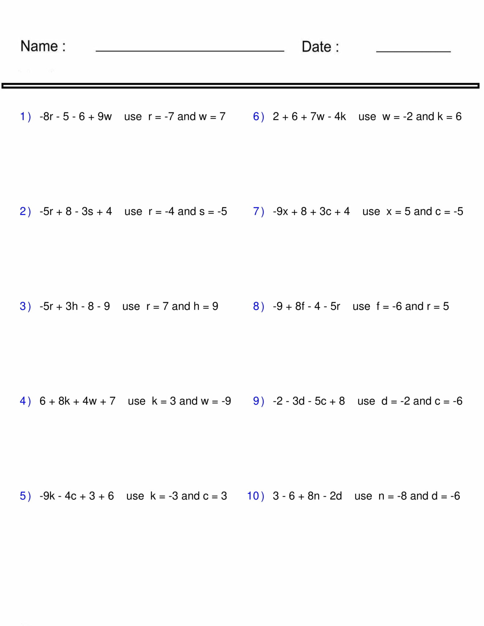 EvaluatE Expressions -Algebraic Expressions - Pre-Algebra - Two ...