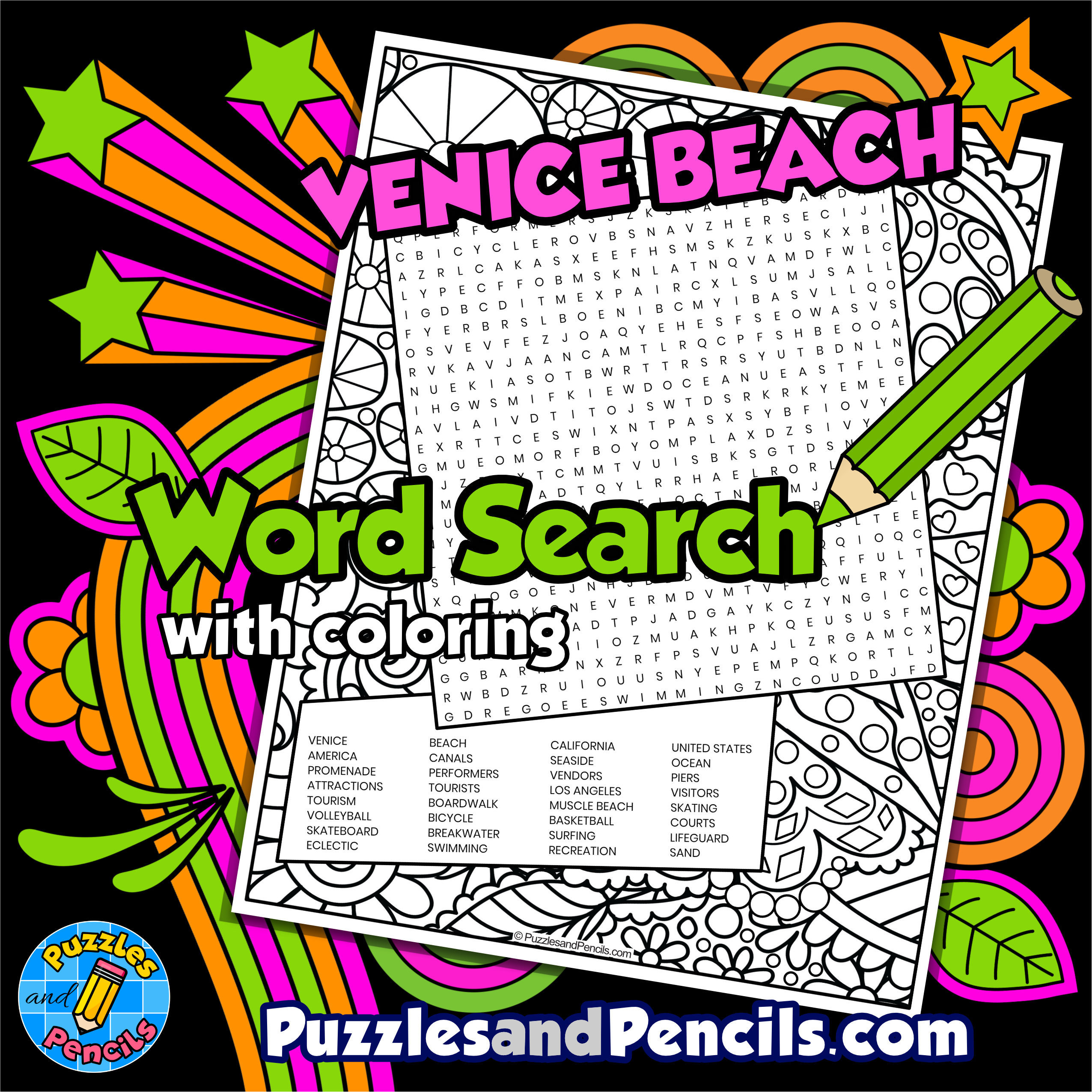 Venice Beach Word Search Puzzle with Coloring | US Tourist Attractions Wordsearch