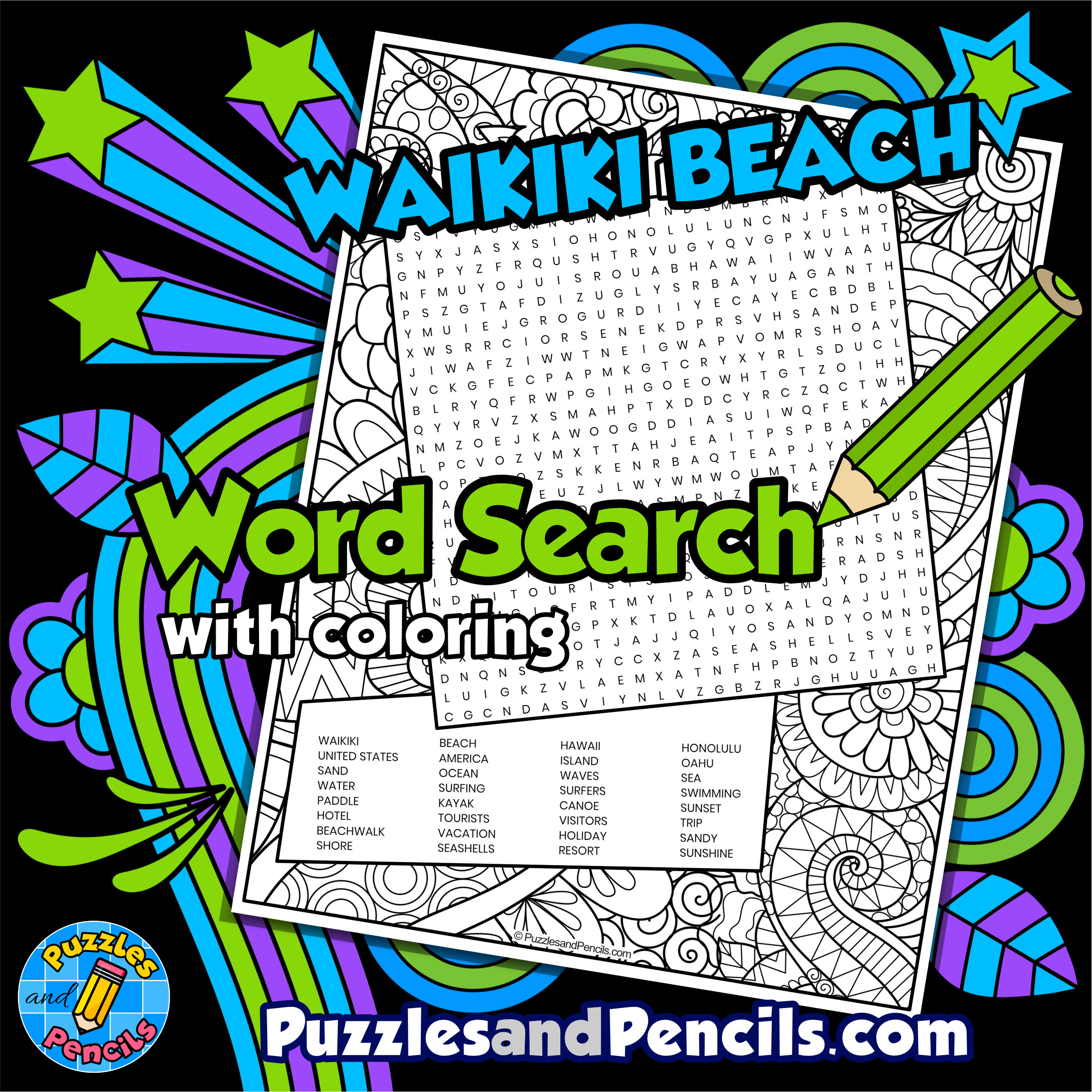 Waikiki Beach Word Search Puzzle with Coloring | US Tourist Attractions Wordsearch