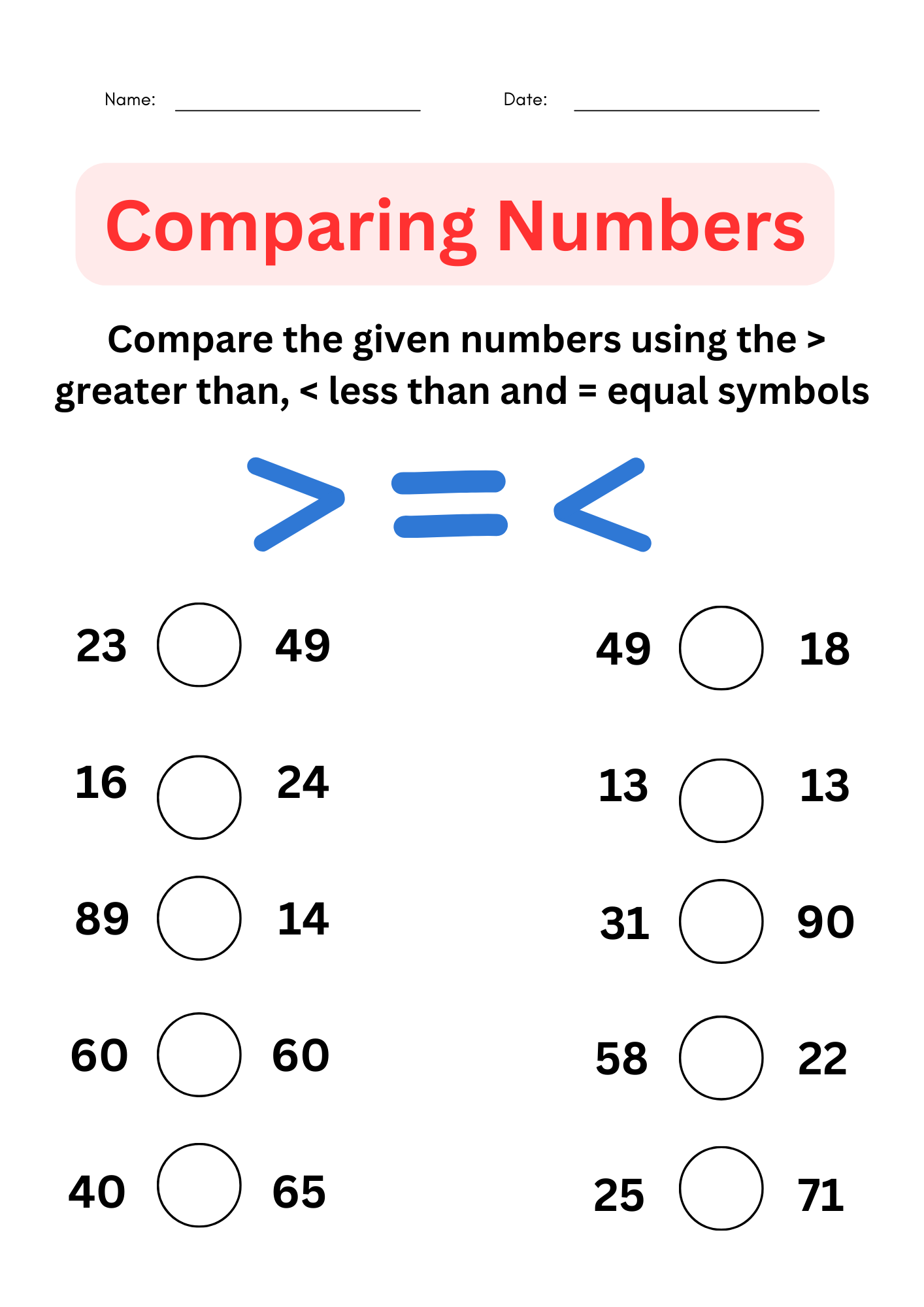 kindergarten comparing numbers worksheets for grade 1, 2, 3 Made By Teachers