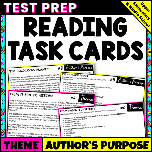 Theme and Author's Purpose Reading Comprehension Task Cards for 3rd-6th ...