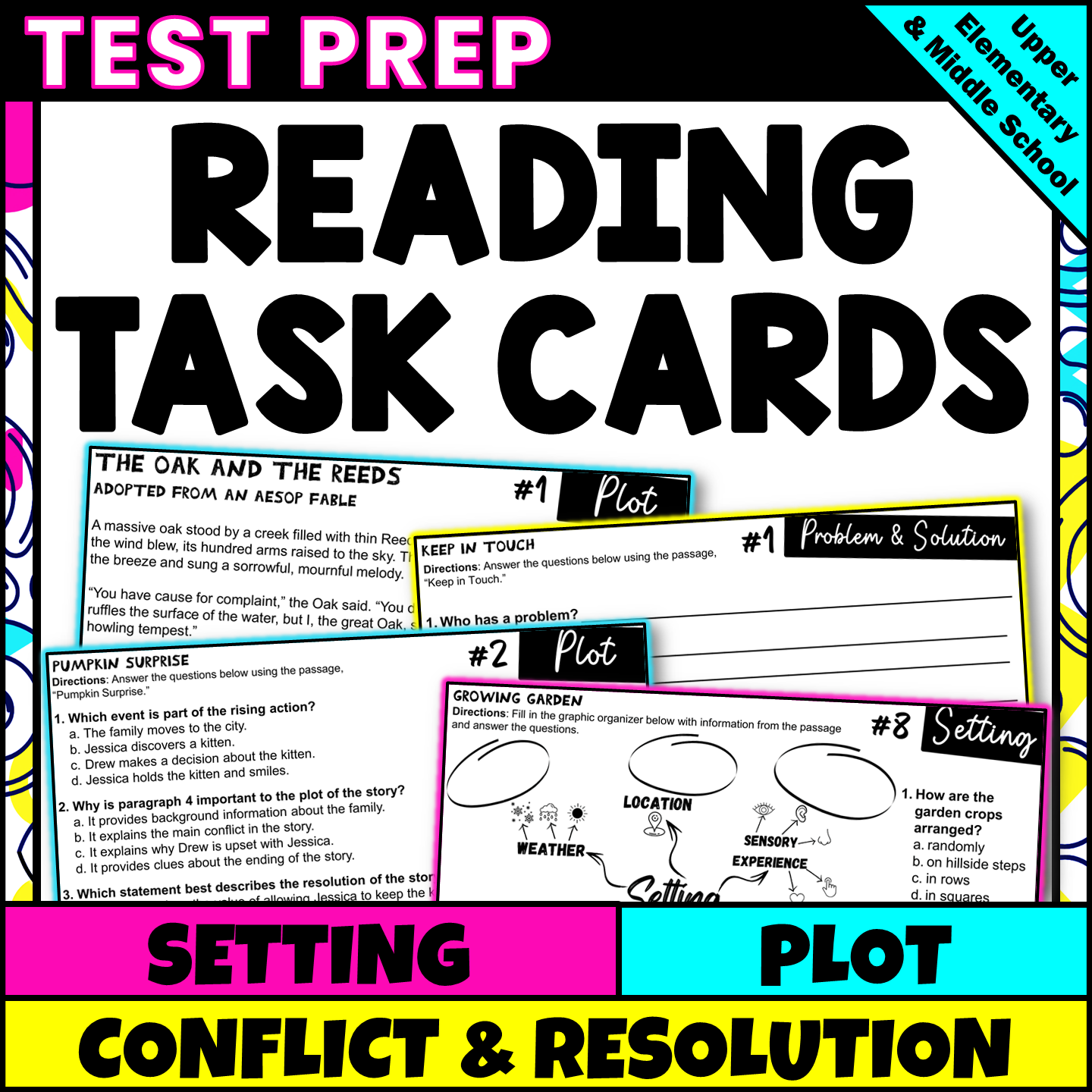 Setting and Plot Reading Comprehension Task Cards for 3rd-6th Grade Test Prep