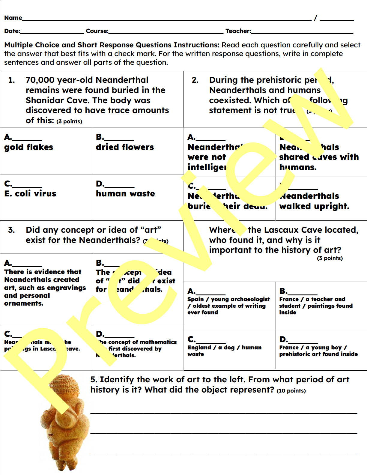 Art History Exam Prehistory to the Renaissance for High School (Grades