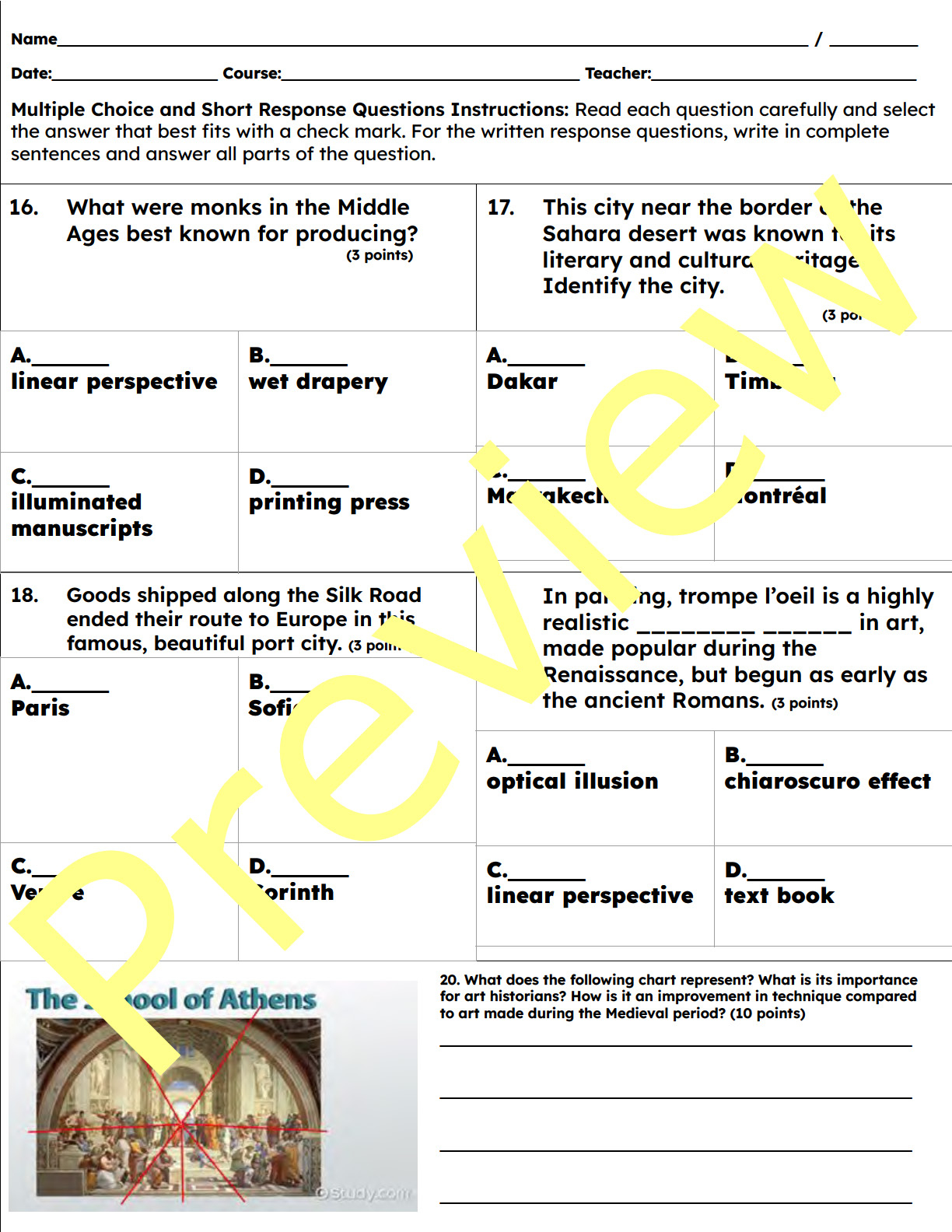Art History Exam Prehistory to the Renaissance for High School (Grades