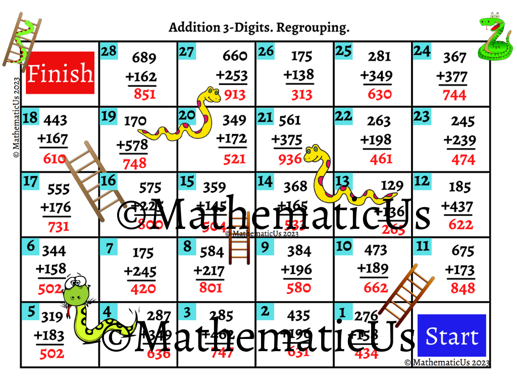 Addition 3 Digits with Regrouping Snakes and Ladders Dice Games