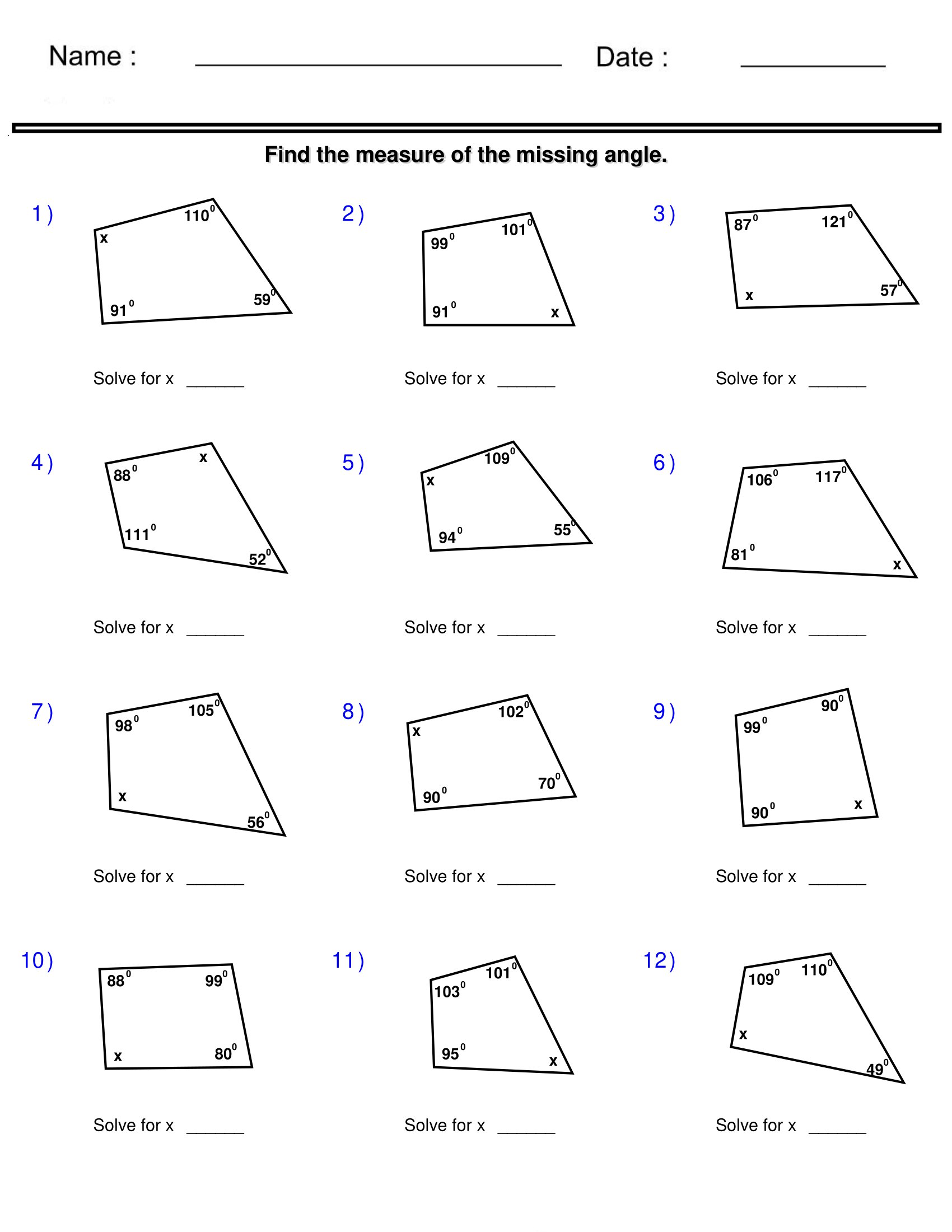 Find The Measure Of The Missing Angle Quadrilaterals And Polygons