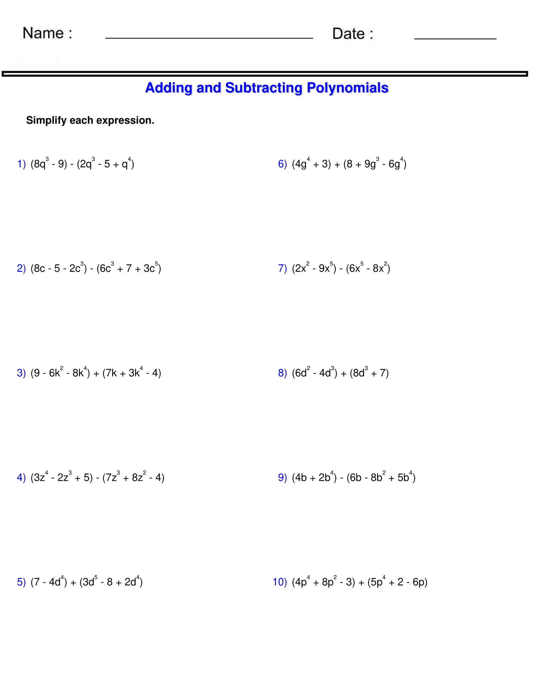 Adding and Subtracting Polynomials - 2 Polynomials | Made By Teachers