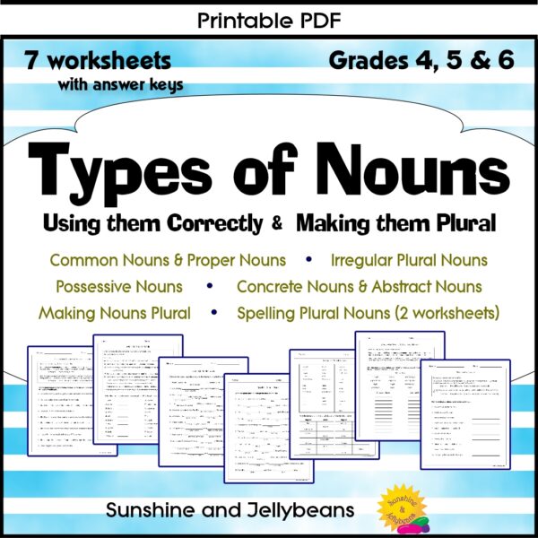 Types of Nouns Using Them, Making them Plural 7 worksheets Grades