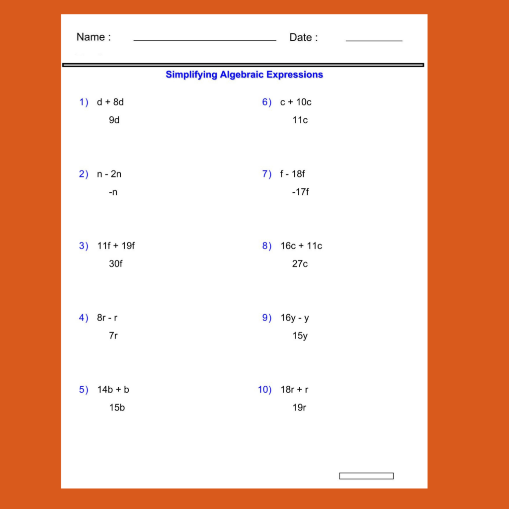 Simplifying Variables Worksheets - Addition and Subtraction -2 Terms ...