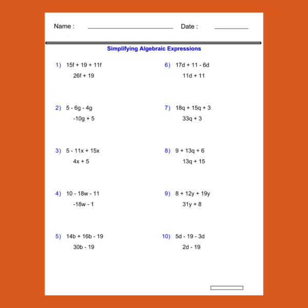 Simplifying Variables Worksheets -Addition and Subtraction -Algebraic ...
