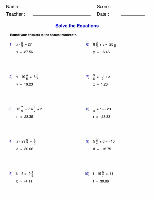 Solving One Step Equations with Fractions Worksheets - Algebra - Made ...