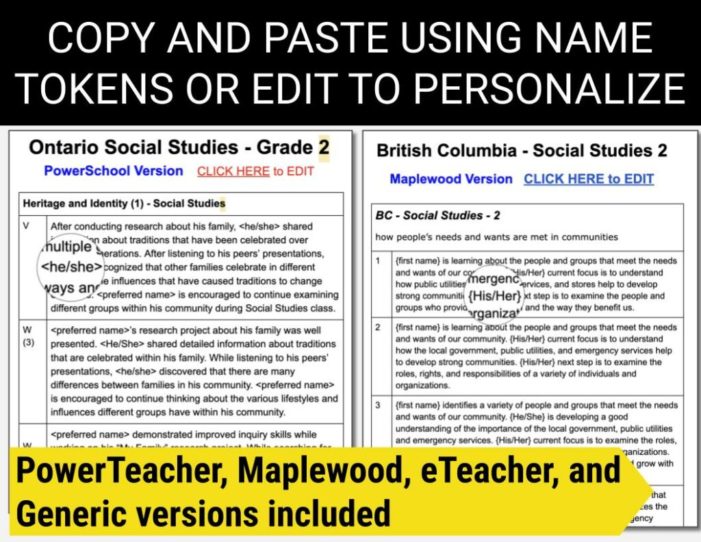 Social Studies Report Card Comments Ontario and BC Grade 2 EDITABLE