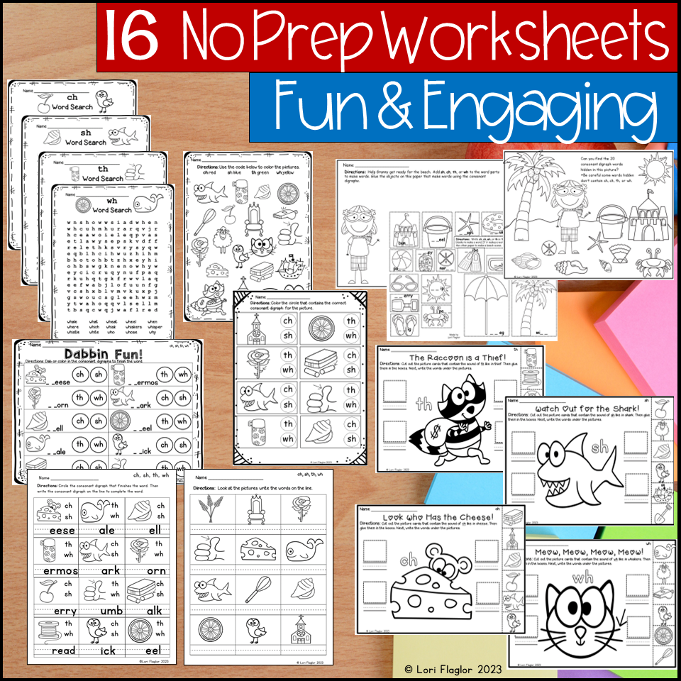 Consonant Digraphs- ch, sh, th, wh Worksheets and Learning Centers