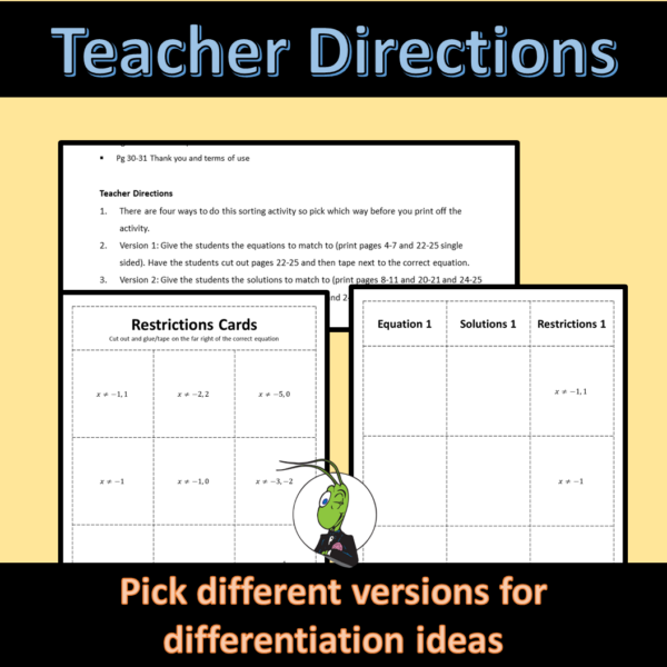 Solving Rational Equations Sorting Activity | Algebra 1- restrictions ...
