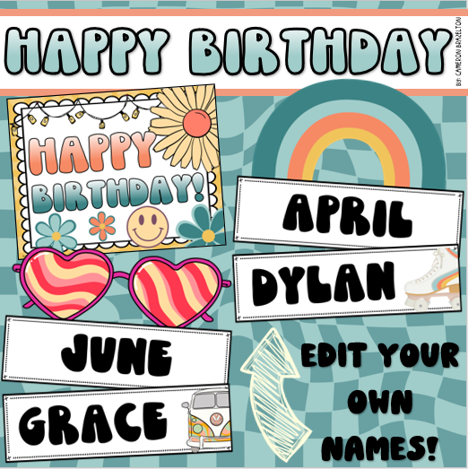 Happy Birthday Bulletin Board Display Posters Groovy Retro Vibes Theme