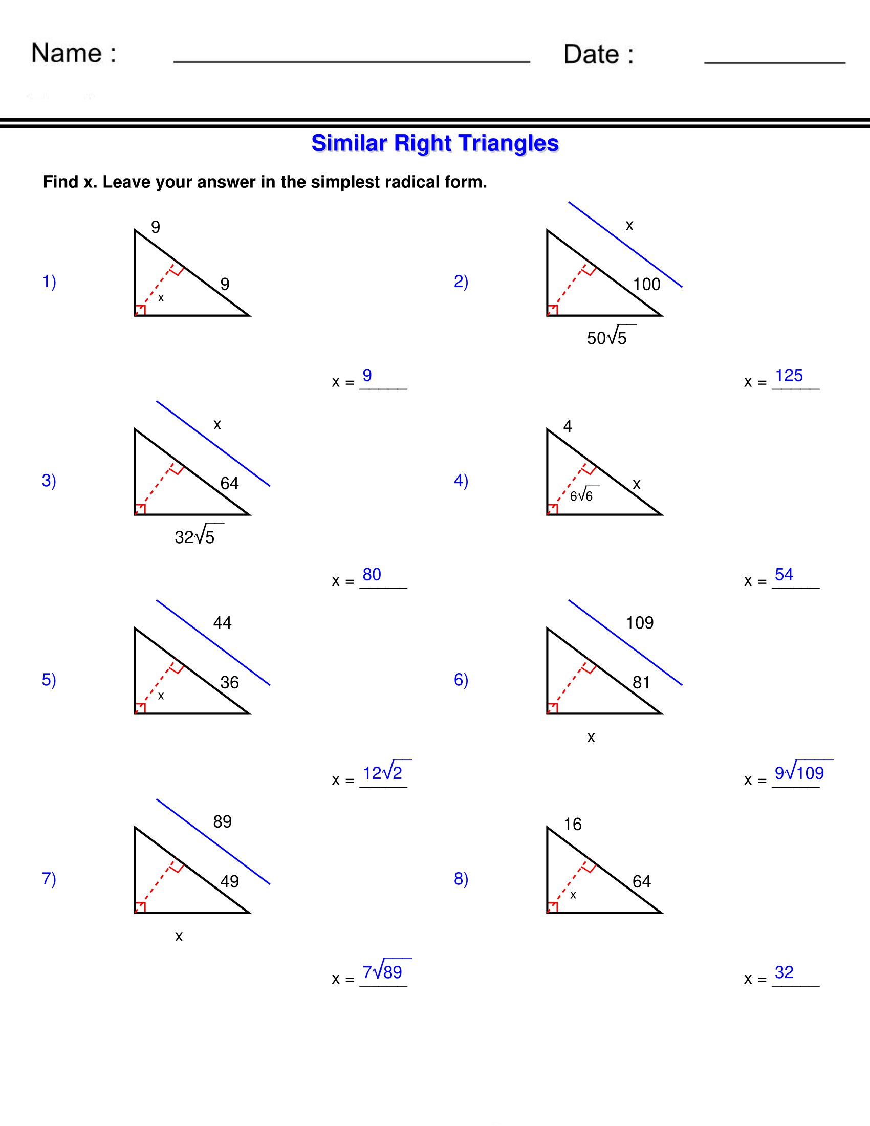 Similar Right Triangles Worksheets Similarity Worksheets Made By