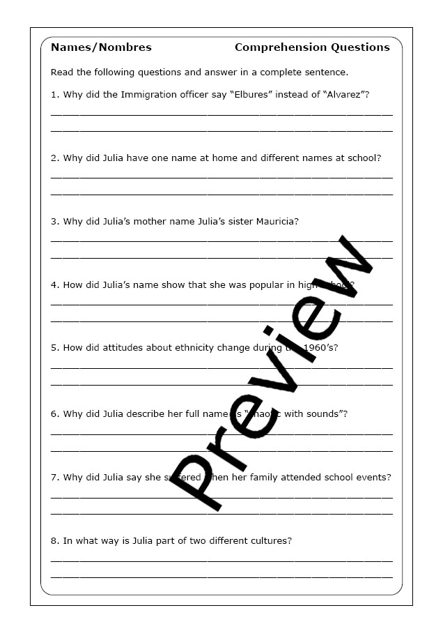 Julia Alvarez "Names / Nombres" worksheets Made By Teachers