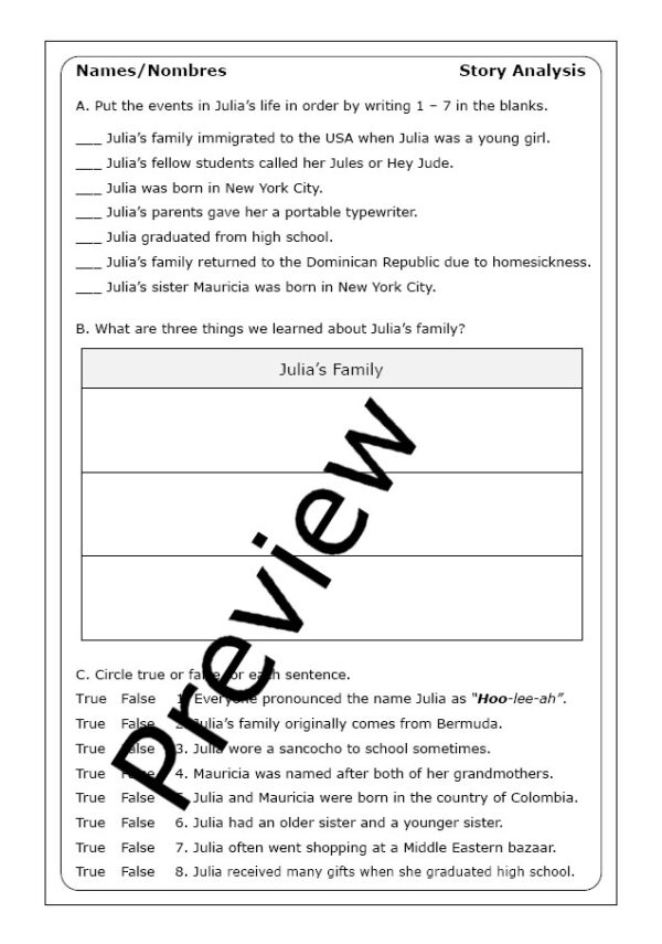 Julia Alvarez "Names / Nombres" worksheets Made By Teachers