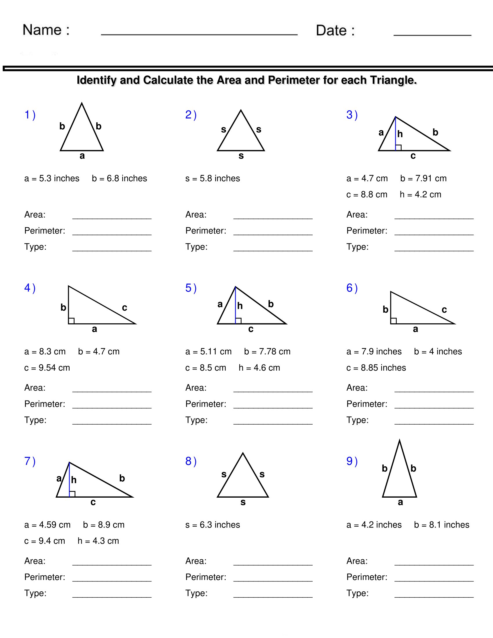 Area And Perimeter Of Triangles Identify And Calculate Triangle