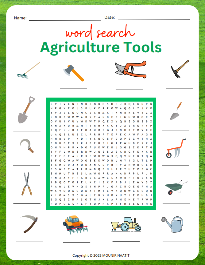 Agriculture Tools Word Search - Farming Equipment Word