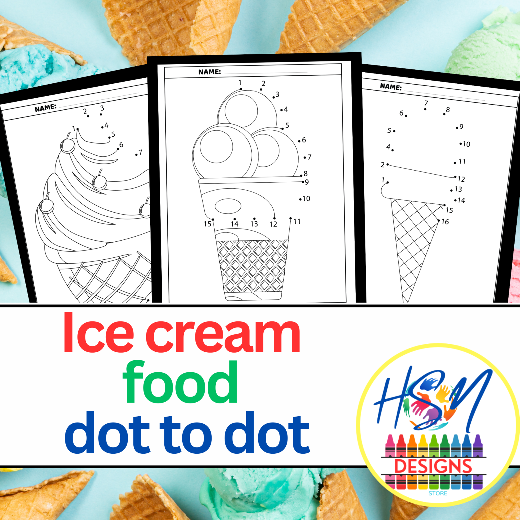 Ice cream food dot to dot, Summer connect the dots worksheet, 20 pages