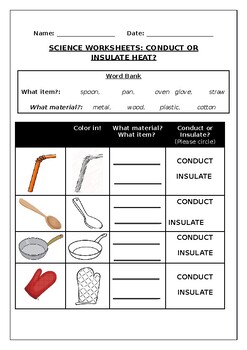 Science worksheets: Materials: Conduct or Insulate Heat?