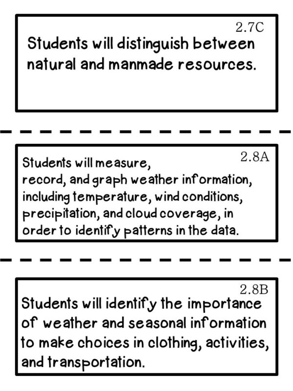 2nd Grade Texas TEKS Science Learning Objectives Cards Color & B&W