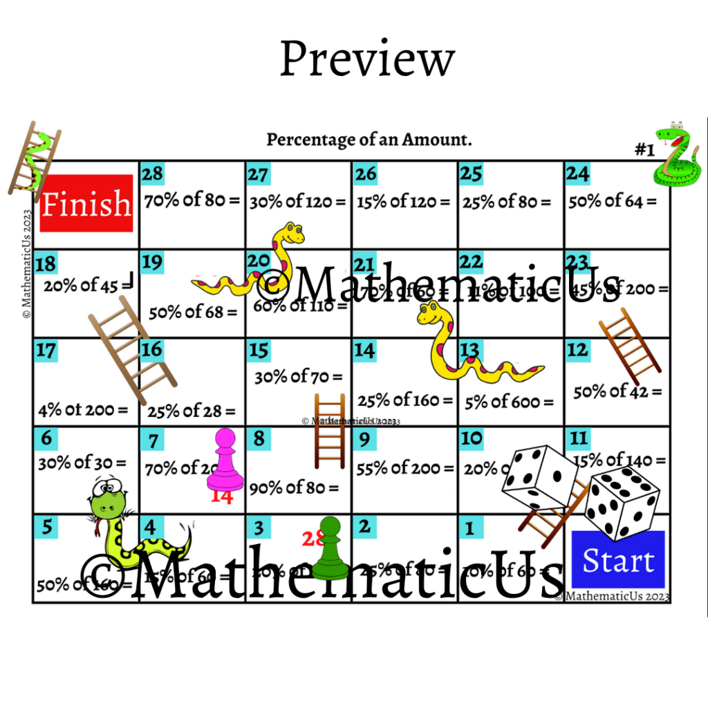 Percentage of an Amount 1 Snakes and Ladders Dice Game Made By Teachers