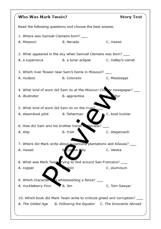 April Jones Prince "Who Was Mark Twain?" worksheets Made By Teachers