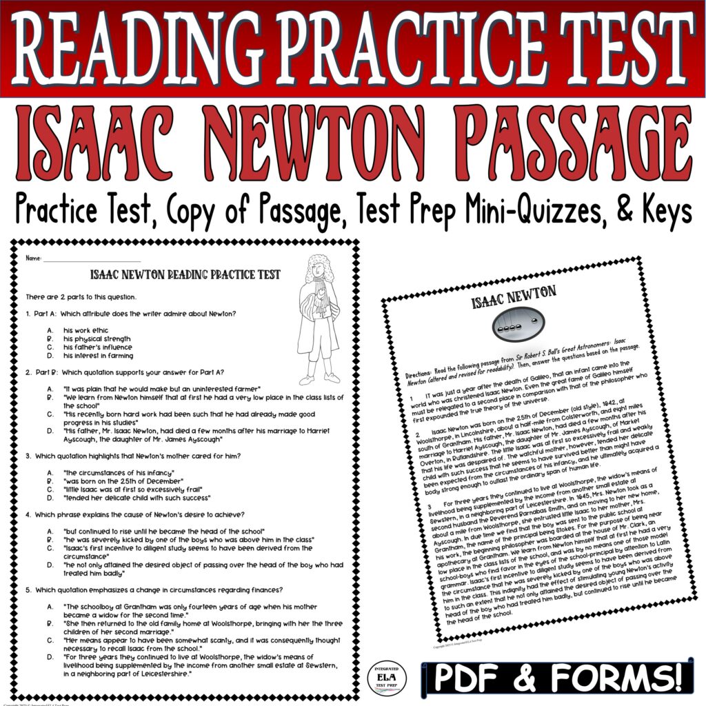 Reading Comprehension Passage Questions Test Isaac Newton Informational ...