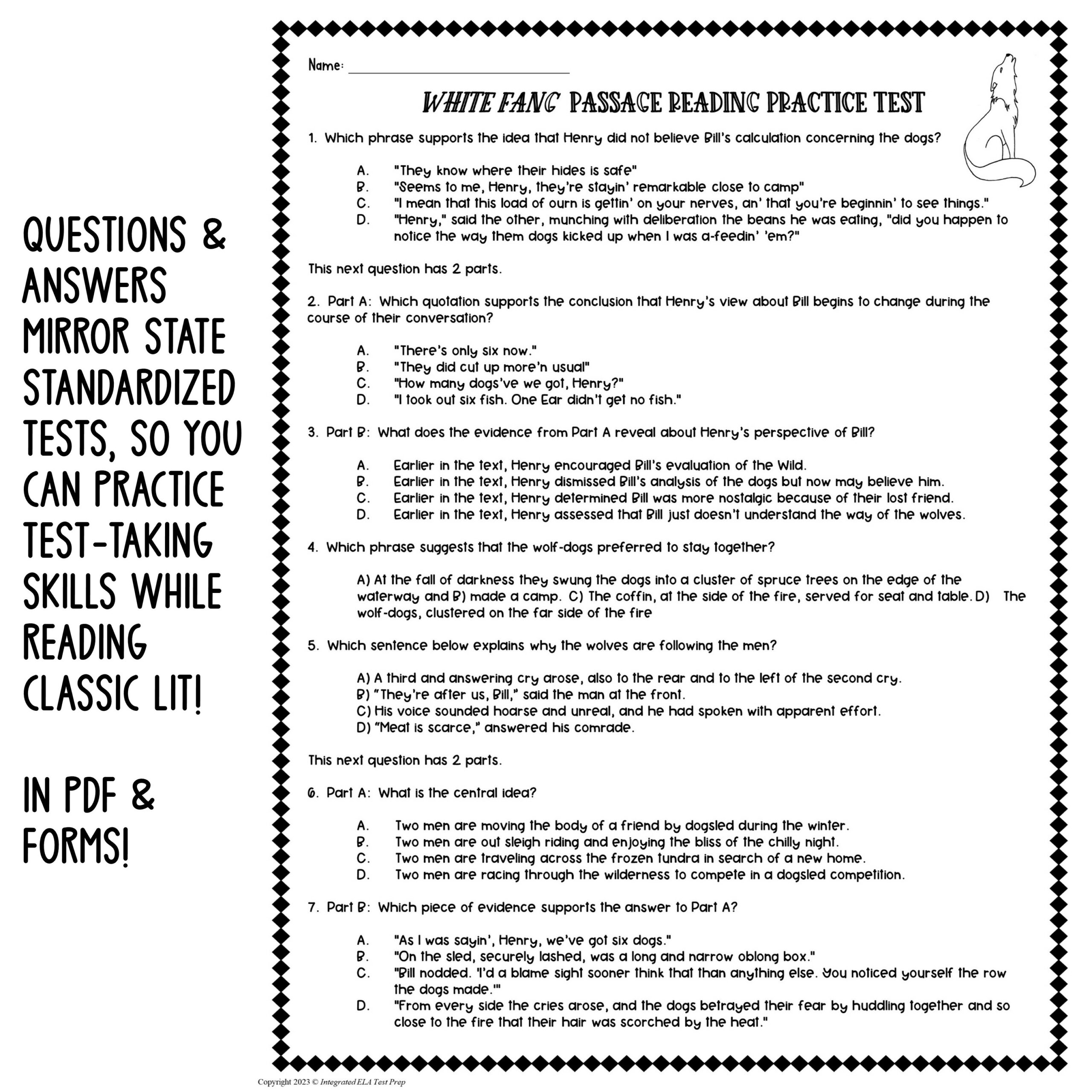 Reading Comprehension Passage with Questions PRACTICE TEST White Fang Fiction Made By Teachers