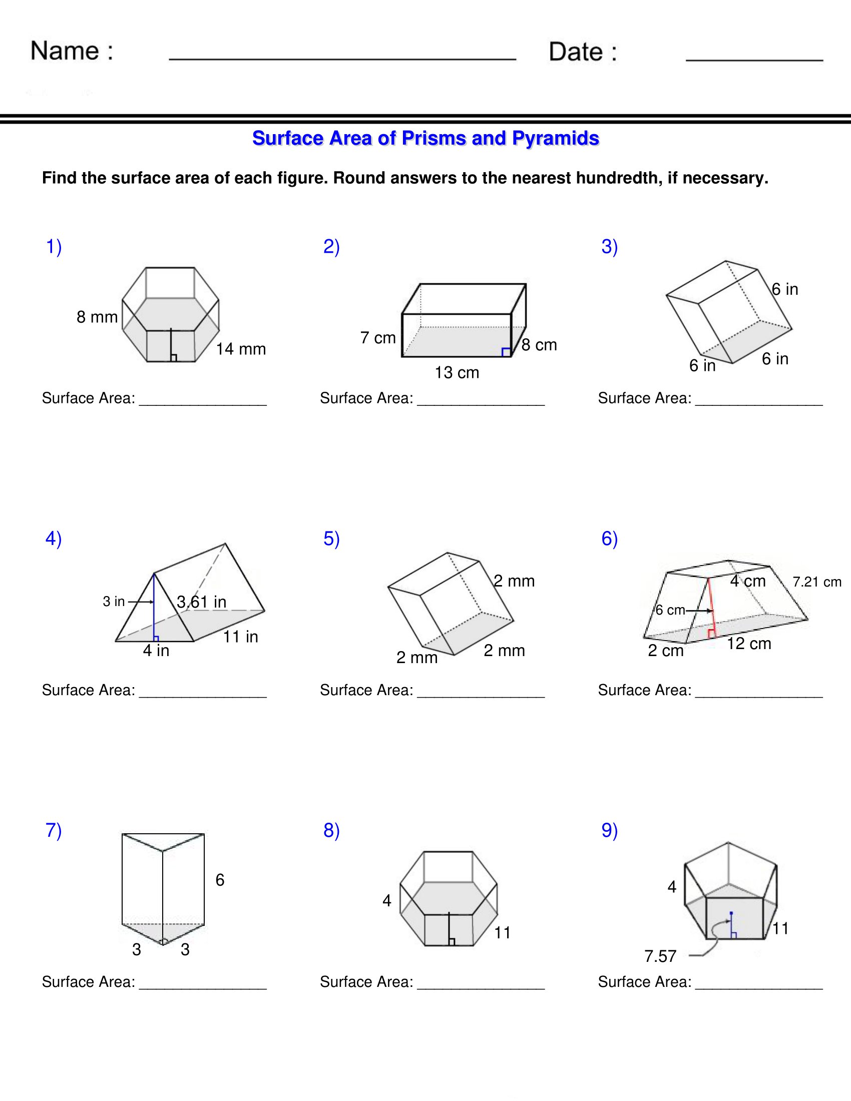 Surface Area And Volume Prisms And Pyramids Surface Area Worksheets