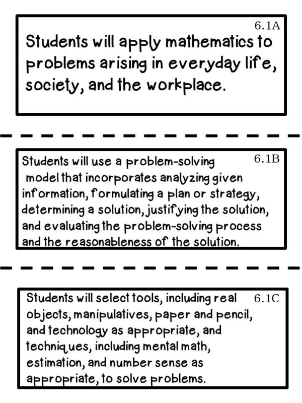 6th Grade Texas TEKS MATH Learning Objectives Cards | Color & B&W ...