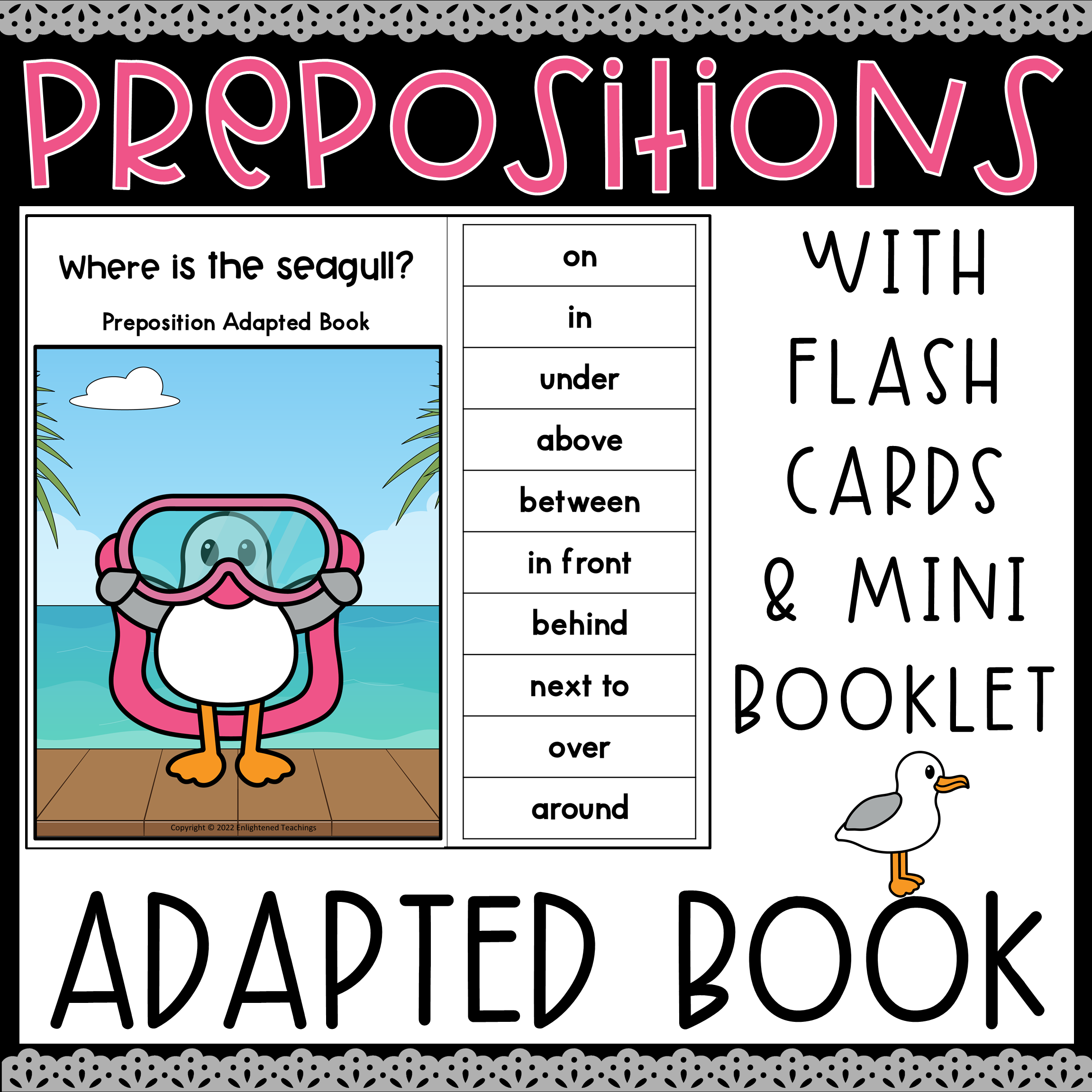 Summer Prepositions Adapted Book Interactive Booklet Flash Cards - Seagull